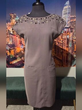 Anne Klein Taupe Embellished Cap-Sleeve Midi Dress